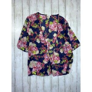 Hailey & Co. Womens Kimono Cardigan Size S Navy Blue Floral Sheer Open Front